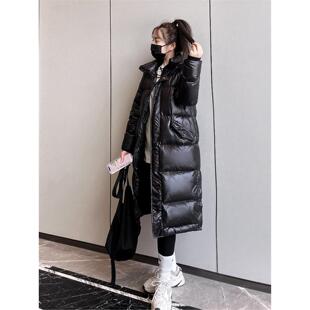 PRATOLA长款羽绒服女冬季连帽黑色过膝加厚保暖三防面料柔软外套