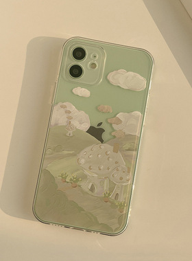 温柔蘑菇山丘适用iPhone17promax手机壳防摔12/13pro创意15全包16硅胶13透明防摔软壳