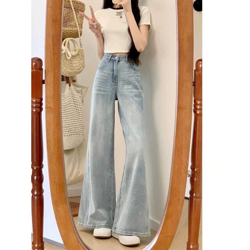 浅蓝色不贴腿微喇牛仔裤女2026春秋季新款中腰百搭牛仔裤垂感长裤