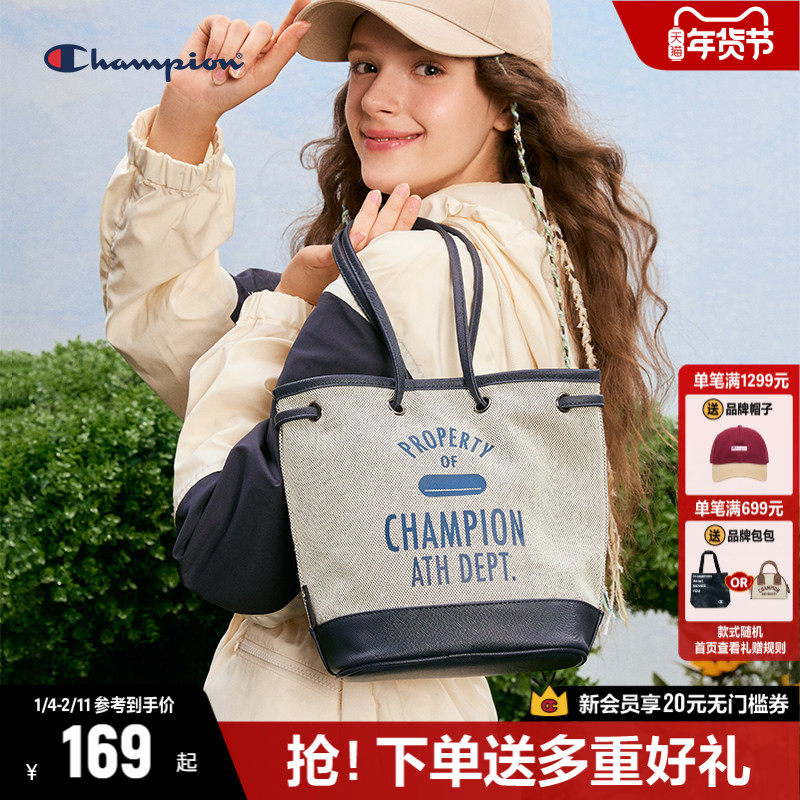 Champion冠军单肩包女2025冬季新款校园水桶包女帆布包大容量包包