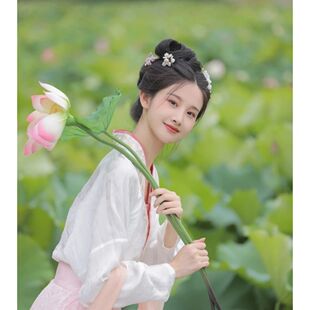 汉服道具手持莲花荷叶带杆仿真白莲花拍摄抖音舞蹈表演荷花假单支