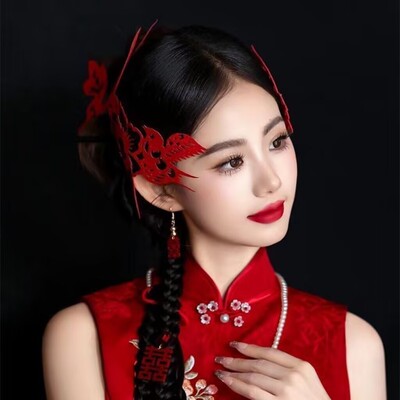 新中式红色剪纸头饰喜鹊旗袍敬酒服发饰复古新娘结婚晨袍礼服配饰