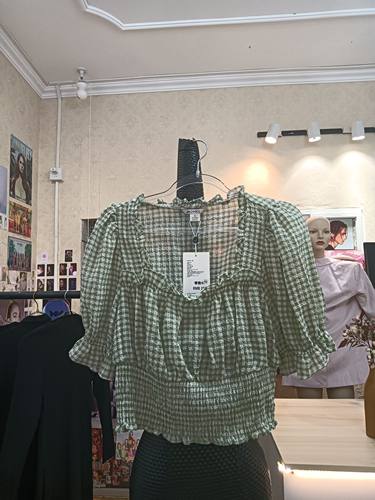 monki绿色格纹短款短袖泡泡袖方领雪纺上衣商场撤柜品牌