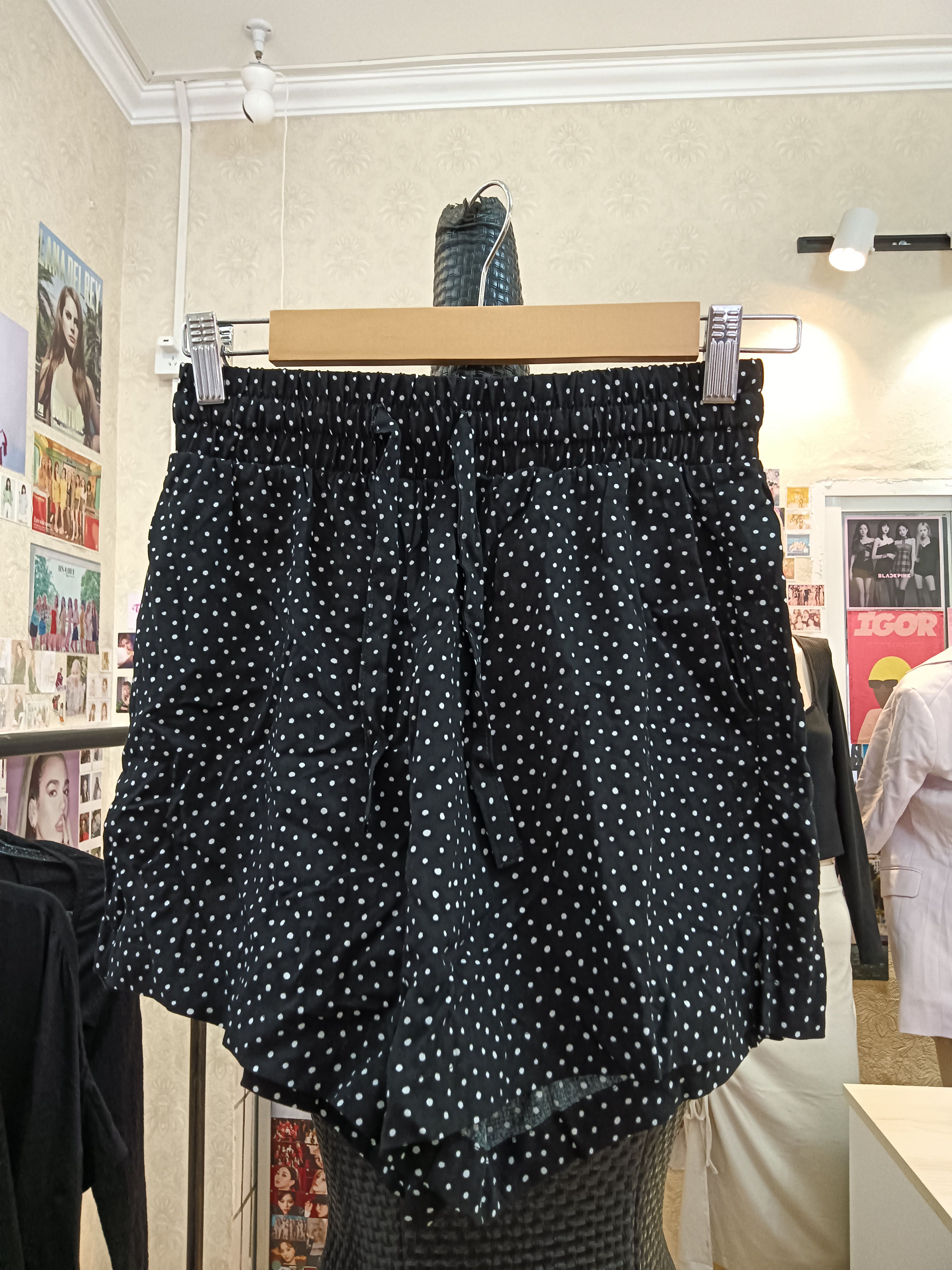 monki黑色波点纯棉系带松紧抽绳短裤商场撤柜品牌