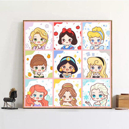 九宫格迪士尼小公主diy数字油画儿童卡通手绘填充涂色丙烯油彩画