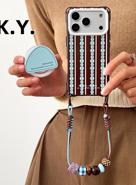 蓝点棕底新款苹果17promax带支架磁吸手机壳挂绳适用华为mate80pro斜挎可背小米17pro保护壳vivox200防摔硬壳