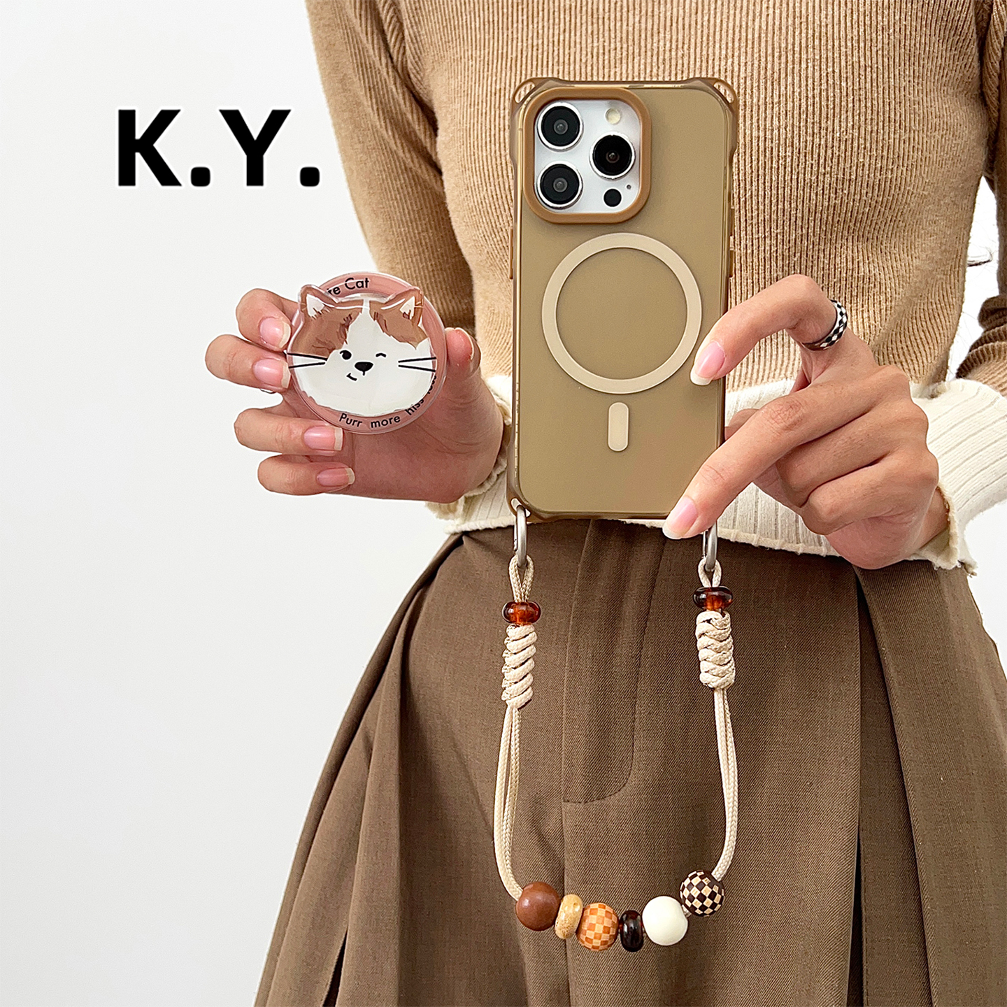 卡通猫咪磁吸支架手机壳带挂绳适用于苹果17PRO华为PURA80ULTRA背带斜挎16promax四角开孔VIVOX200防摔保护套