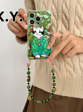 中国风旗袍猫斜挎可调节适用苹果16PROMAX华为mate60pro+手腕链条手机壳15/14PRO全包防摔PURA70pro硅胶外壳