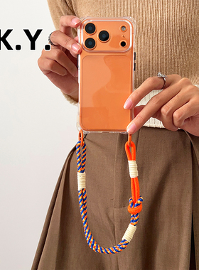 iPhone17PRO纯色透明手机壳适用于苹果16/15PM斜挎背带华为PURA80PRO手腕带挂绳小米17PROMAX软硅胶保护套