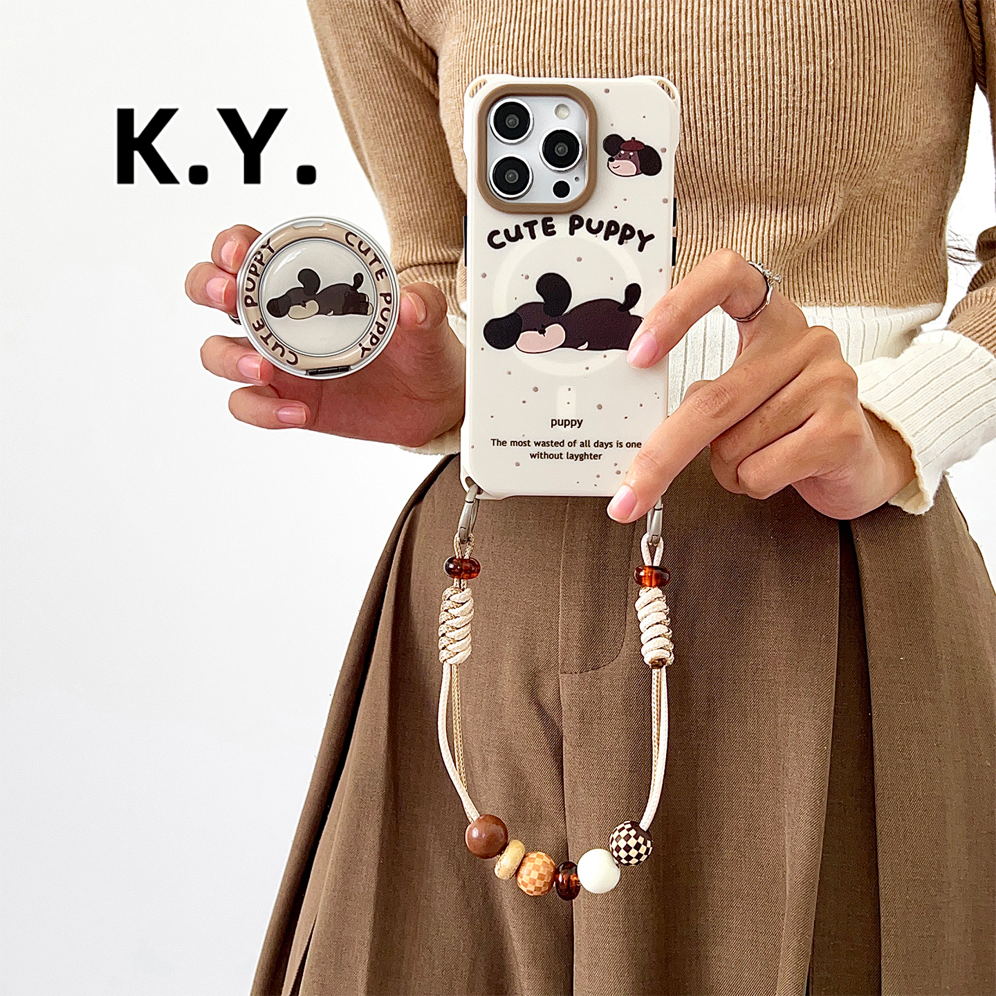 棕色小狗可360°旋转磁吸支架手机壳带挂绳适用于苹果16PM华为mate60/70四角开孔14/15ULTRA防摔X200保护套