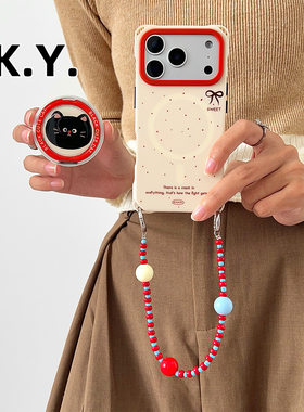 红鼻黑猫磁吸支架手机壳带挂绳适用于苹果17promax华为mate60pro背带斜挎16/15PRO四角开孔小米15ULTRA硬壳