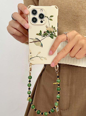 新中式文艺花朵iPhone16PRO手机壳带挂绳可调节适用苹果17pro华为mate60pro手腕珠链软硅胶小米14ULTRA保护套