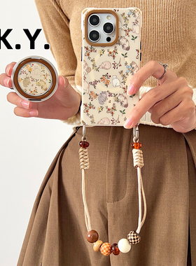 卡通碎花猫磁吸支架手机壳带挂绳适用于华为mate70pro背带斜挎苹果16pro防摔硬壳四角开孔小米14ultra手提带