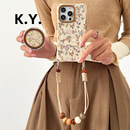 卡通碎花猫磁吸支架手机壳带挂绳适用于华为mate70pro背带斜挎苹果16pro防摔硬壳四角开孔小米14ultra手提带