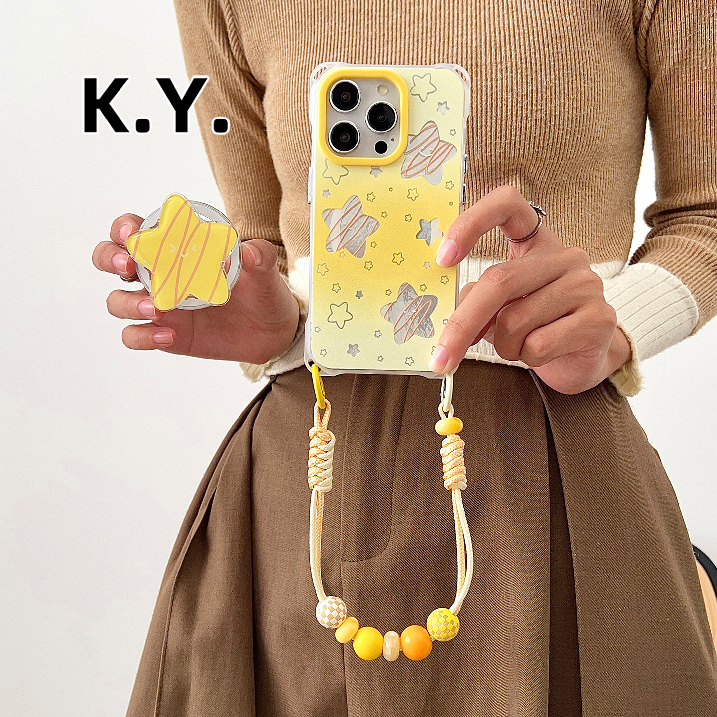 ins风iPhone17PRO斜挎手机壳适用于苹果16PROMAX华为mate70pro四角开孔FINDX7U黄星星磁吸支架小米15保护套女