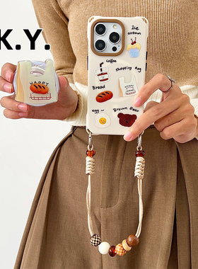 面包磁吸支架手机壳带挂绳适用于苹果16PROMAXFINDX8四角开孔mate60pro斜挎背带PURA80ULTRA手提手腕15保护套