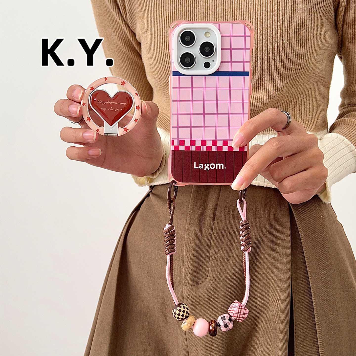 新款粉格纹苹果17promax带支架磁吸手机壳挂绳适用于华为mate70斜挎可背14/15PROMAX保护壳vivox200ULTRA女,3C数码配件,手机保护套/壳,淘宝优惠券,粉丝福利购,淘宝优惠卷