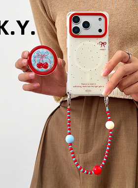 格纹樱桃磁吸气囊支架手机壳背带斜挎苹果17pro手提斜挎可背iphone16promax简约风防摔硬壳华为mate80promax