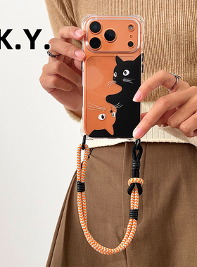 黑白猫适用于苹果17promax手机壳挂绳斜挎pura80pro苹果15pro手提腕带小米14ULTRA保护壳VIVOX100U全包防摔