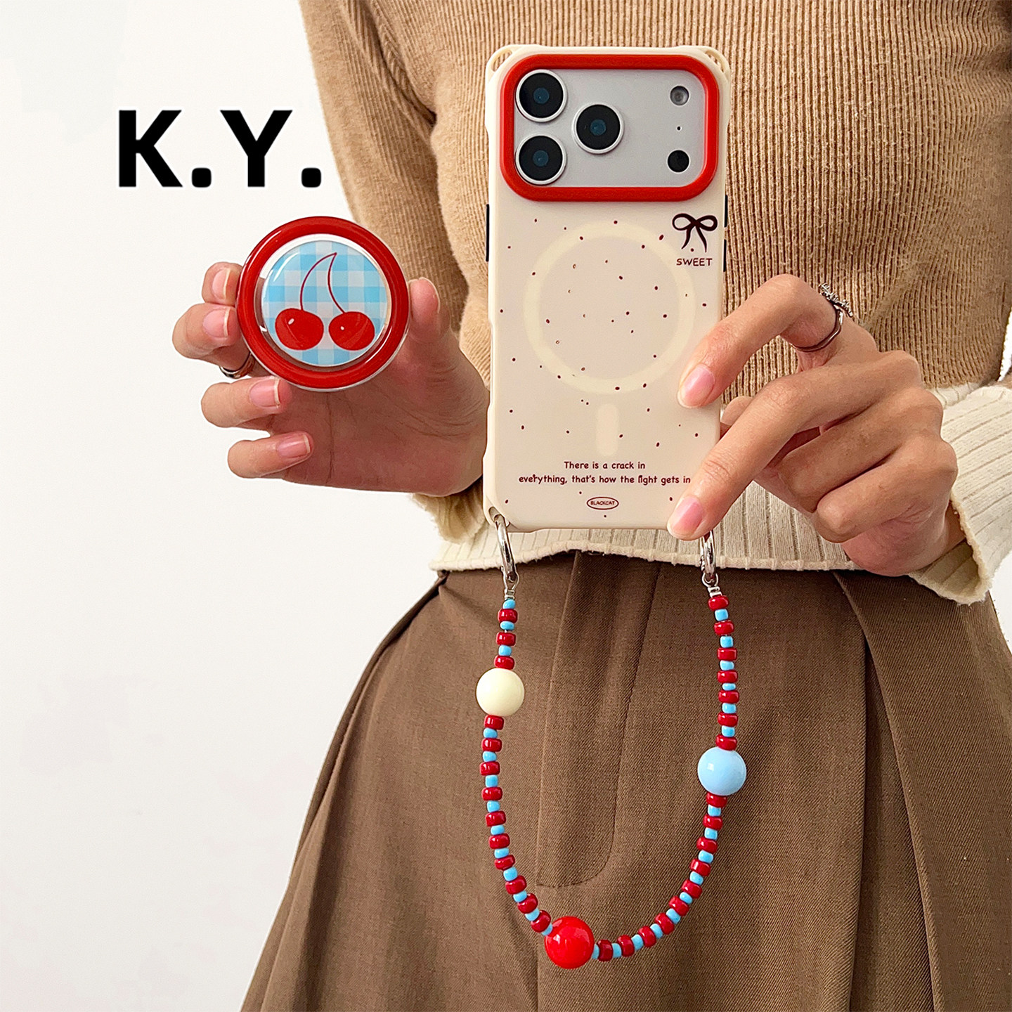 红点英文红边蓝格樱桃磁吸支架手机壳带挂绳适用于iPhone17promax华为mate80系列可背可手提斜跨简约防摔硬壳,3C数码配件,手机保护套/壳,淘宝优惠券,粉丝福利购,淘宝优惠卷