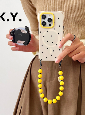 波点黑猫磁吸支架手机壳带挂绳适用于苹果15/16华为mate60/70四角开孔14/15ultrau斜挎背带防摔vivo200防摔