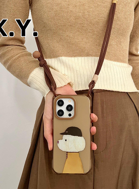 简约帽子小狗适用苹果16PROMAX华为mate60PRO手机壳15promax挂绳斜挎可背PURA70四角开孔小米15ULTRA防摔硬壳