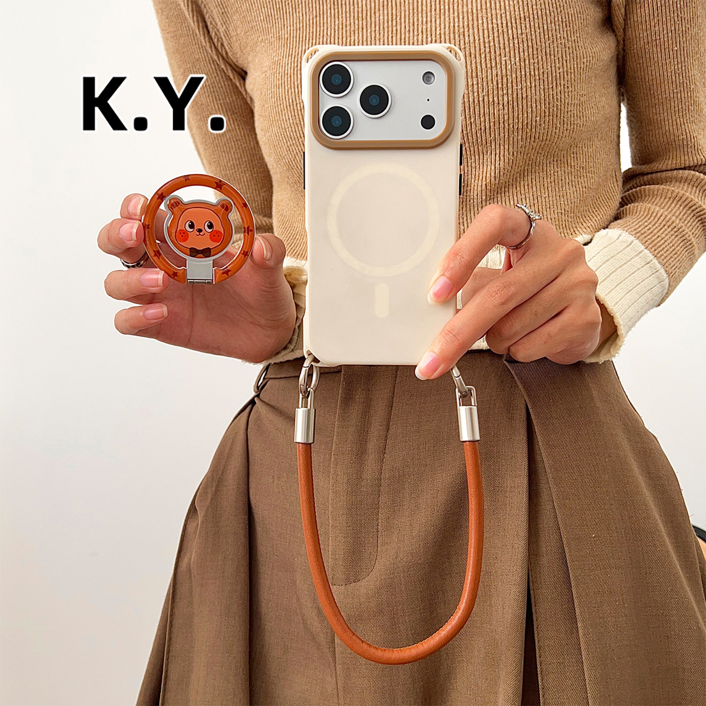 熊猫型领结棕熊磁吸折叠支架手机壳带挂绳可背手提斜跨适用于苹果17