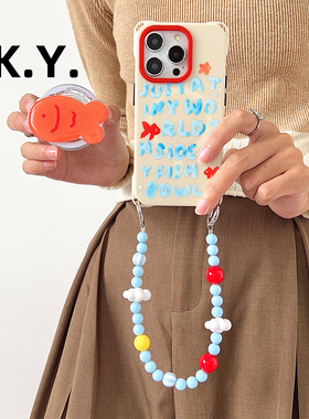 卡通金鱼磁吸支架手机壳带挂绳适用于苹果17/16Pm手提斜挎珠链mate70/60Pro四角开孔15/14ultra硬壳