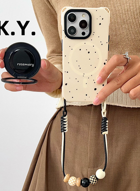 简约波点黑色英文磁吸手机壳带挂绳适用于iPhone16pro华为mate60/70手腕斜跨背带15ultra四角开孔vivox200s