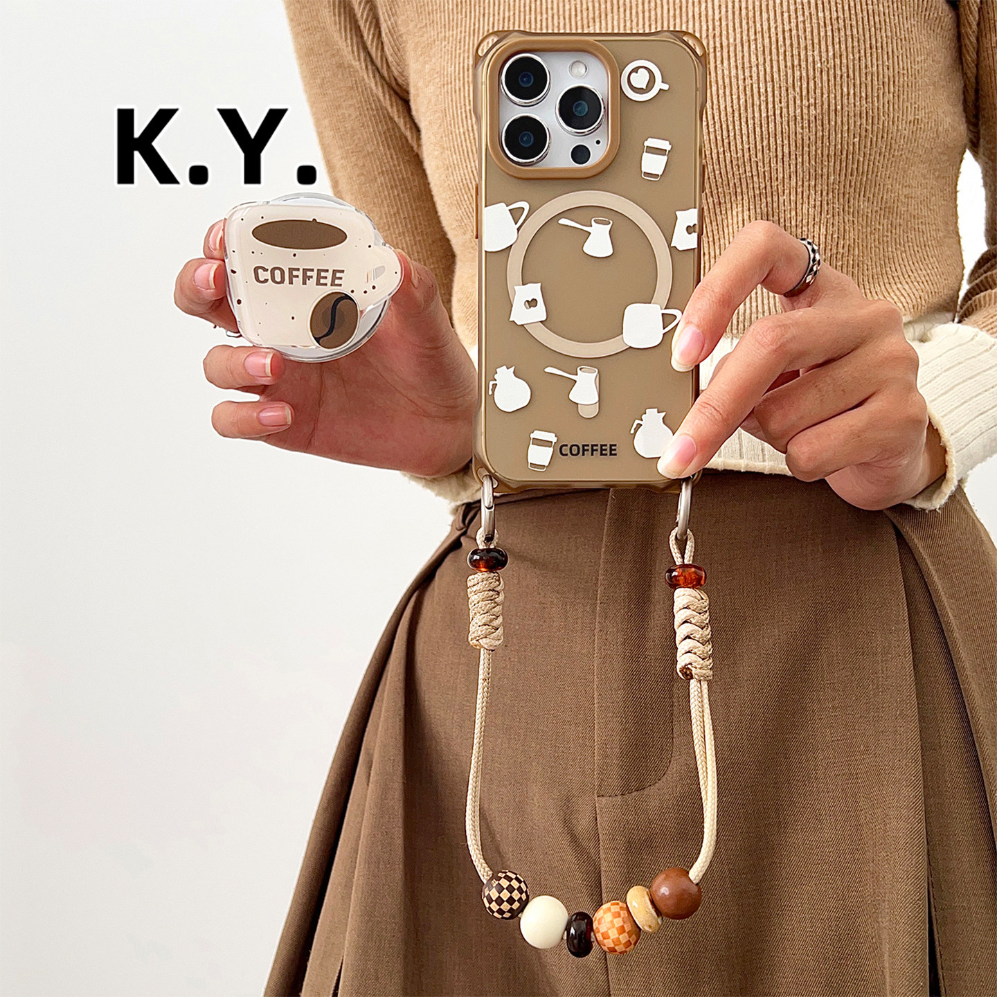 创意咖啡苹果16promax带支架磁吸手机壳挂绳适用于华为mate70pro斜挎可背小米17pro保护壳vivox200防摔FINDX8