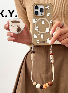 创意咖啡苹果16promax带支架磁吸手机壳挂绳适用于华为mate70pro斜挎可背小米17pro保护壳vivox200防摔FINDX8