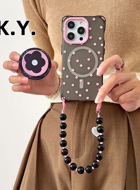 新款小碎花苹果17promax带支架磁吸手机壳挂绳适用于华为小米14ULTRA斜挎可背FINDX8PRO保护壳PURA70ULTRA女