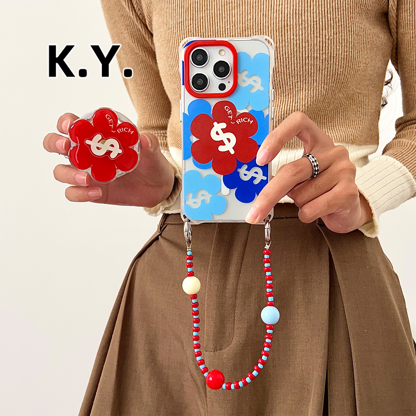 红有钱花个性磁吸支架手机壳带挂绳适用于苹果iphone16pro华为mate70pro背带斜挎14promax四角开孔小米15pro