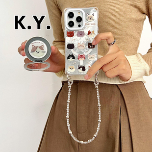 卡通猫咪360°旋转支架斜挎珠链手机壳适用iPhone16PM华为mate60 701手腕带挂绳14ULTRA防摔NOVA13磁吸支点壳