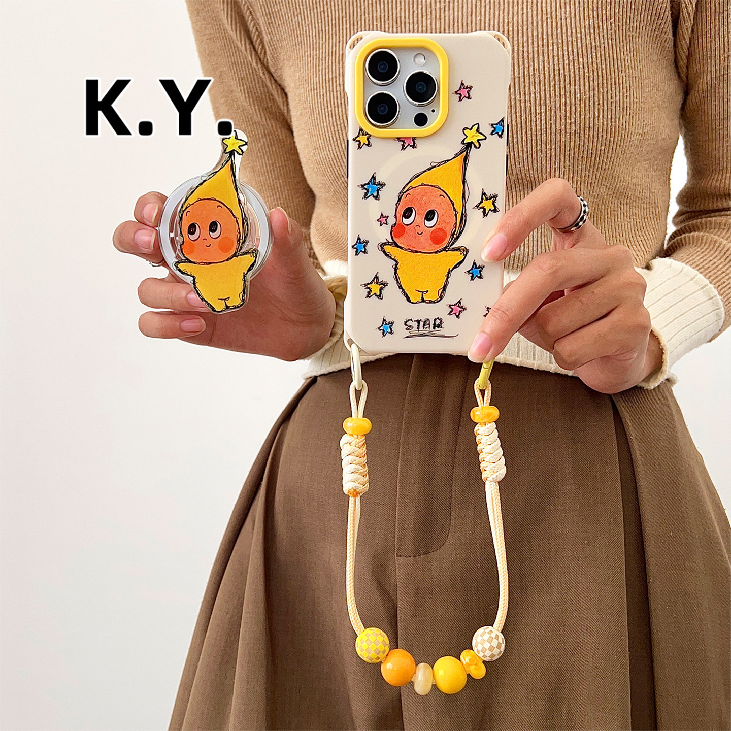 卡通星人磁吸支架手机壳带挂绳适用于苹果17PRO华为mate80