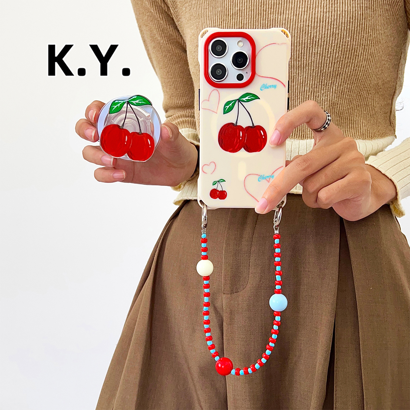 手绘樱桃磁吸支架手机壳带挂绳适用于苹果15/16华为mate60/70手腕斜挎小米14/15ultra四角开孔vivo200u硬壳