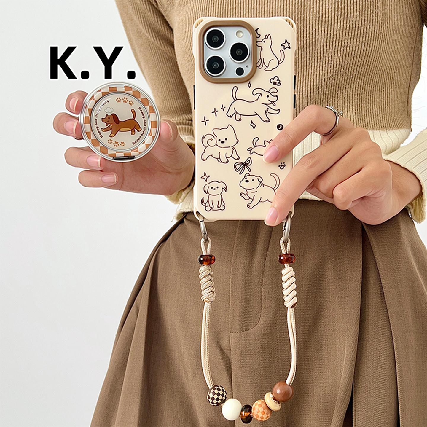 线条小狗磁吸支架手机壳带挂绳适用于苹果15/16华为mate60/70四角开孔14/15ultra防摔vivo200u斜挎背带防摔