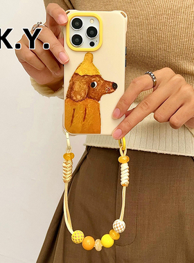 艺术黄帽小狗适用于苹果16PRO挂绳手机壳PURA70手提链防摔硬壳小米15PRO四角挂孔带绳可斜挎背VIVOX200ULTRA