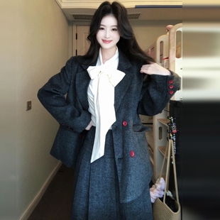 韩系2025新款深灰色高腰裙装一整套女秋冬季大方得体深冬穿搭套装