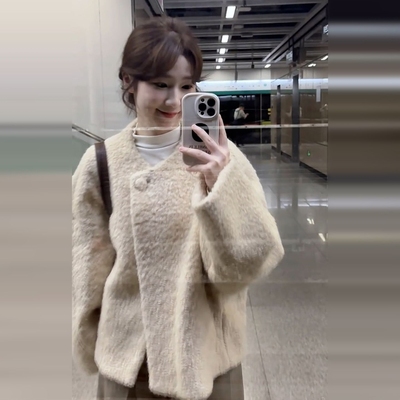2025新款摇粒绒宽松开衫上衣小香风复古加绒加厚羊羔毛外套女装冬