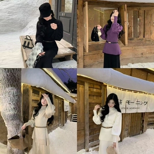 韩系深冬穿搭黑色针织连衣裙子女秋冬季2025新款巨好看一整套长裙