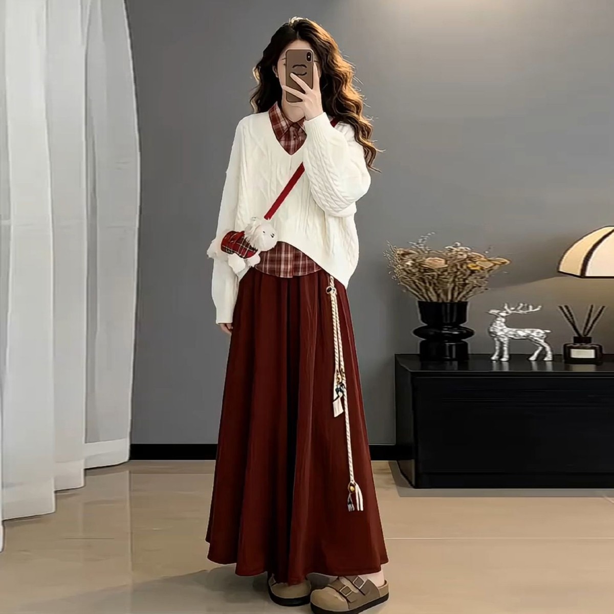 新年战袍红色针织毛衣连衣裙子女冬季2026新款法式巨好看一整套装