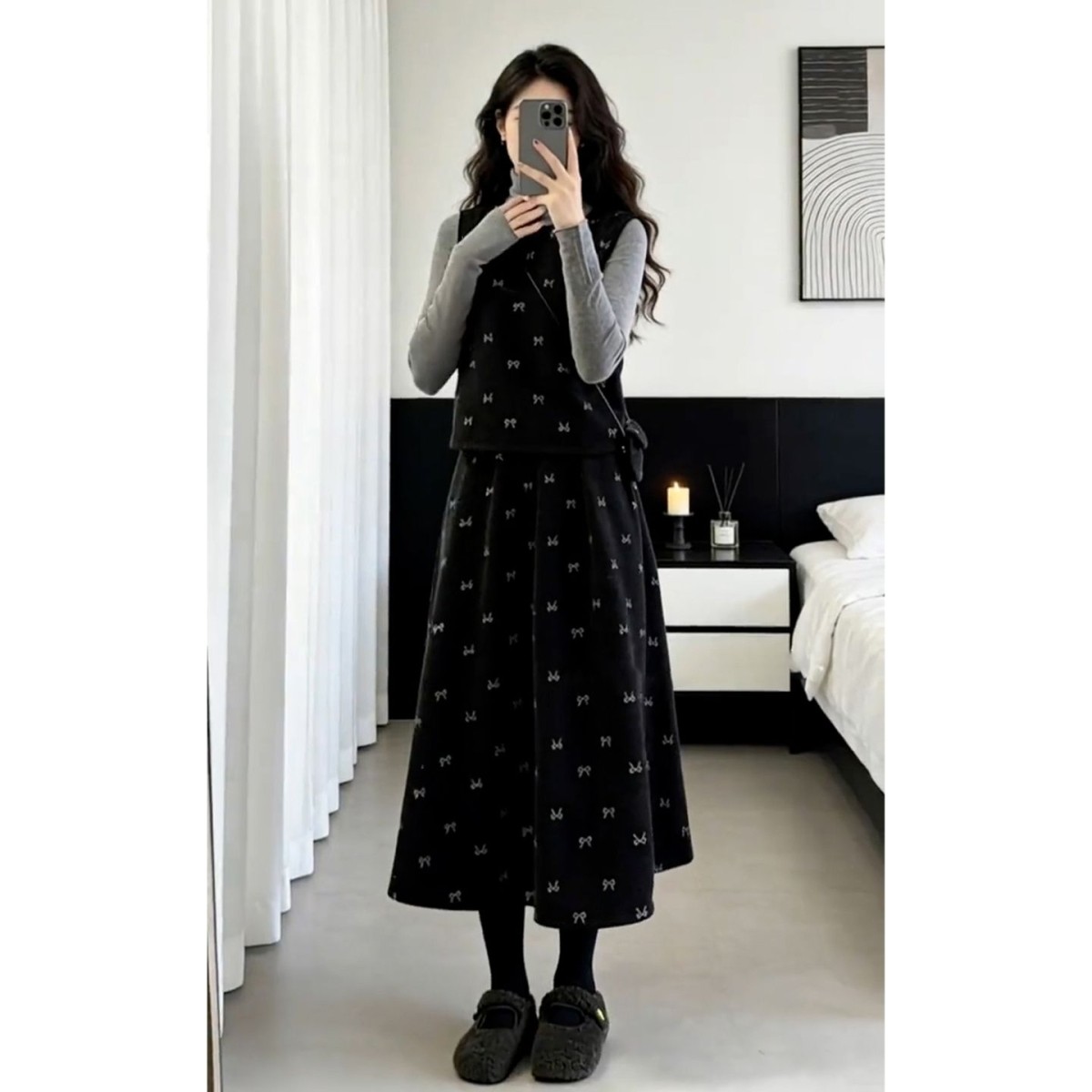 2026新款韩系气质黑色连衣裙子长裙套装女秋冬季清冷千金穿搭