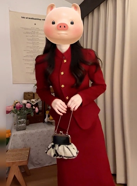 新中式国风红色毛呢连衣裙子女秋冬季2025年新款圣诞穿搭一整套装