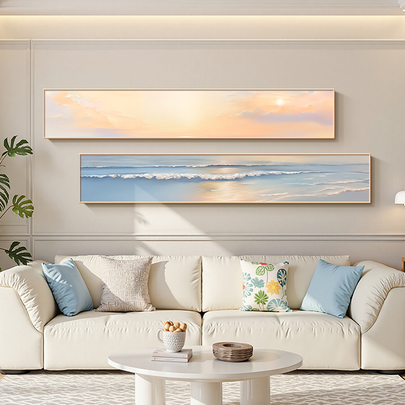 旭日东升海上风景画窄长条客厅画