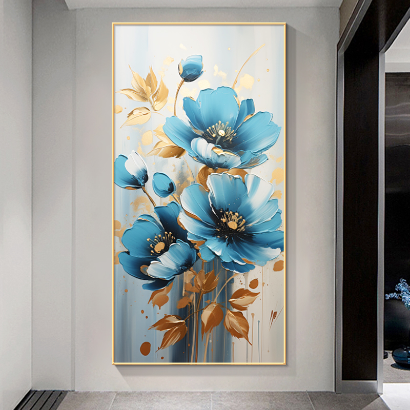 美式轻奢入户玄关装饰画蓝色花卉艺术油画简约高级感走廊过道壁画图片