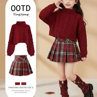 女童红色针织衫高领短款麻花毛衣2026超火冬季大童初中生套装裙子