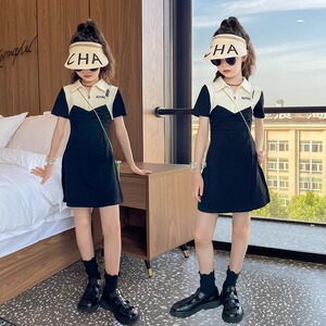 女童连衣裙夏季2025新款夏装中大童法式polo黑色短袖儿童公主裙子