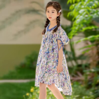多巴胺儿童女童连衣裙夏装海边女孩碎花裙子中大童露背镂空公主裙