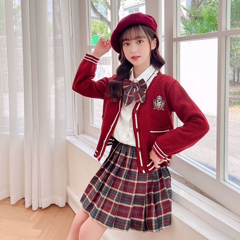 女童学院风V领jk毛衣外套秋新款
